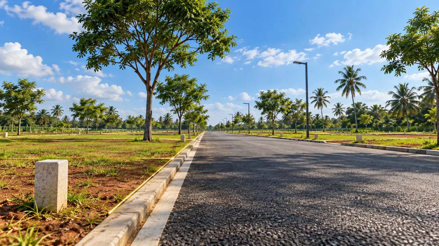 A finished layout road with tar surface, street lights, avenue trees and granite boundary stones
