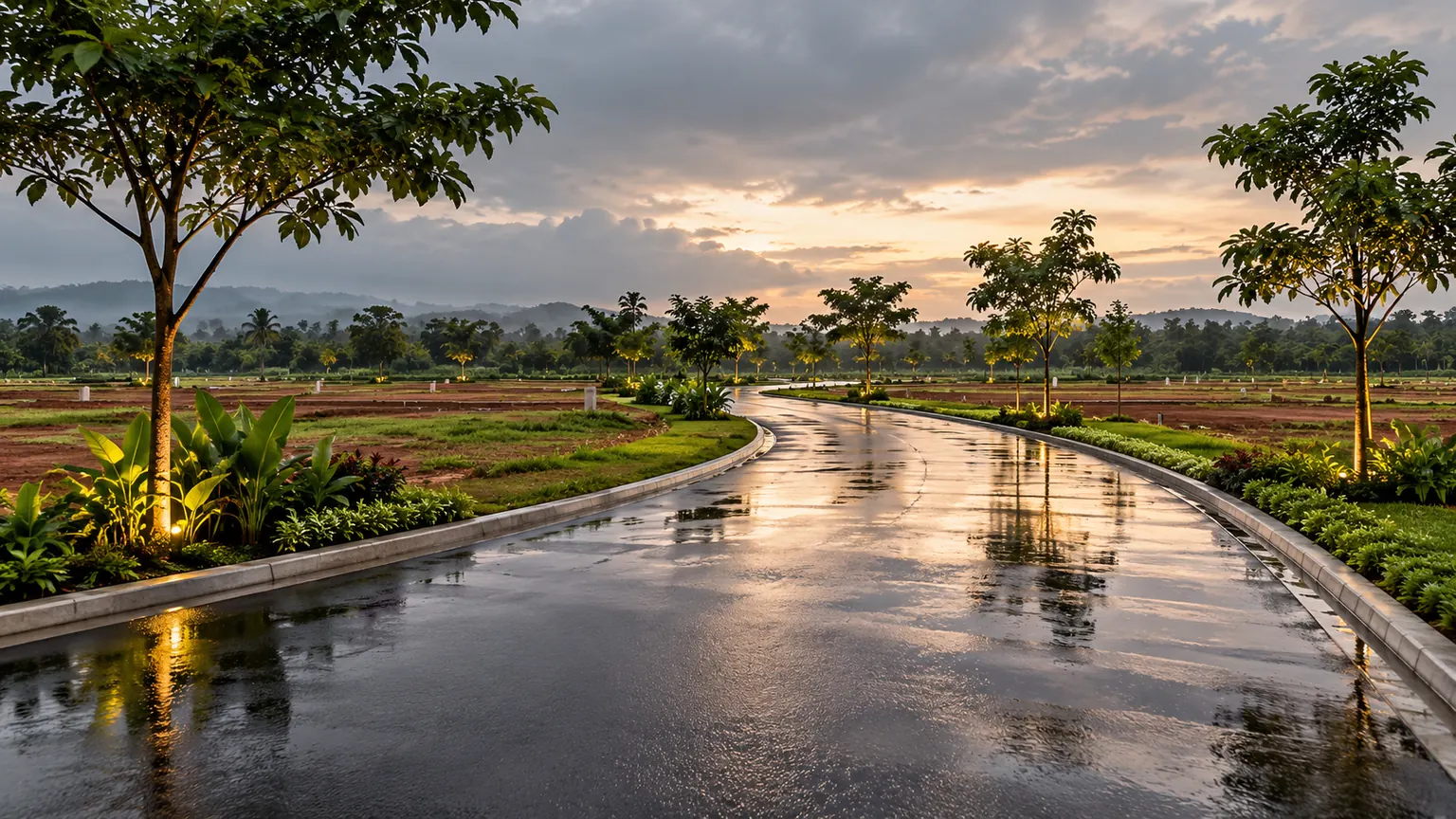 Wet layout road after monsoon rain, lit by garden lights at dusk